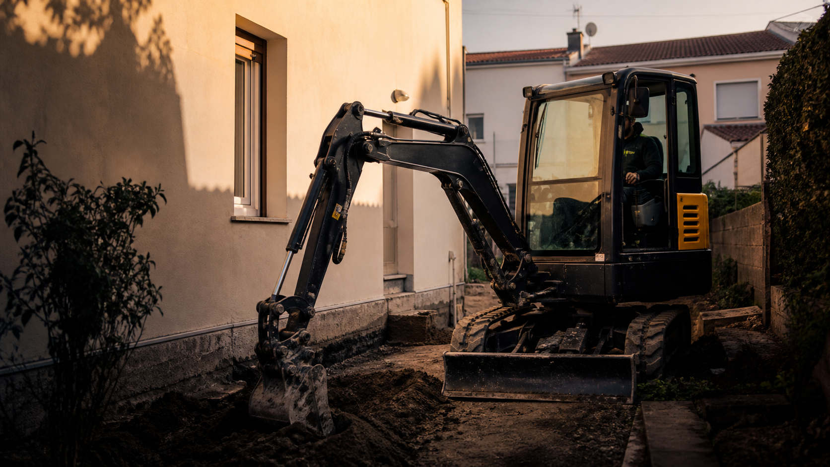 Mini giratória em espaço residencial de acesso reduzido