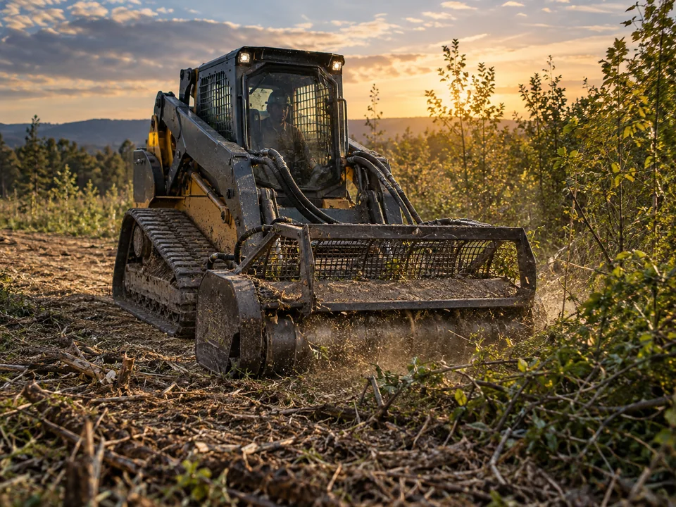 Roçadora hidráulica a limpar vegetação num terreno